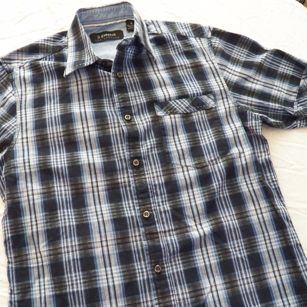 MEN'S SMALL Button Front Blue Plaid Short Sleeve Shirt